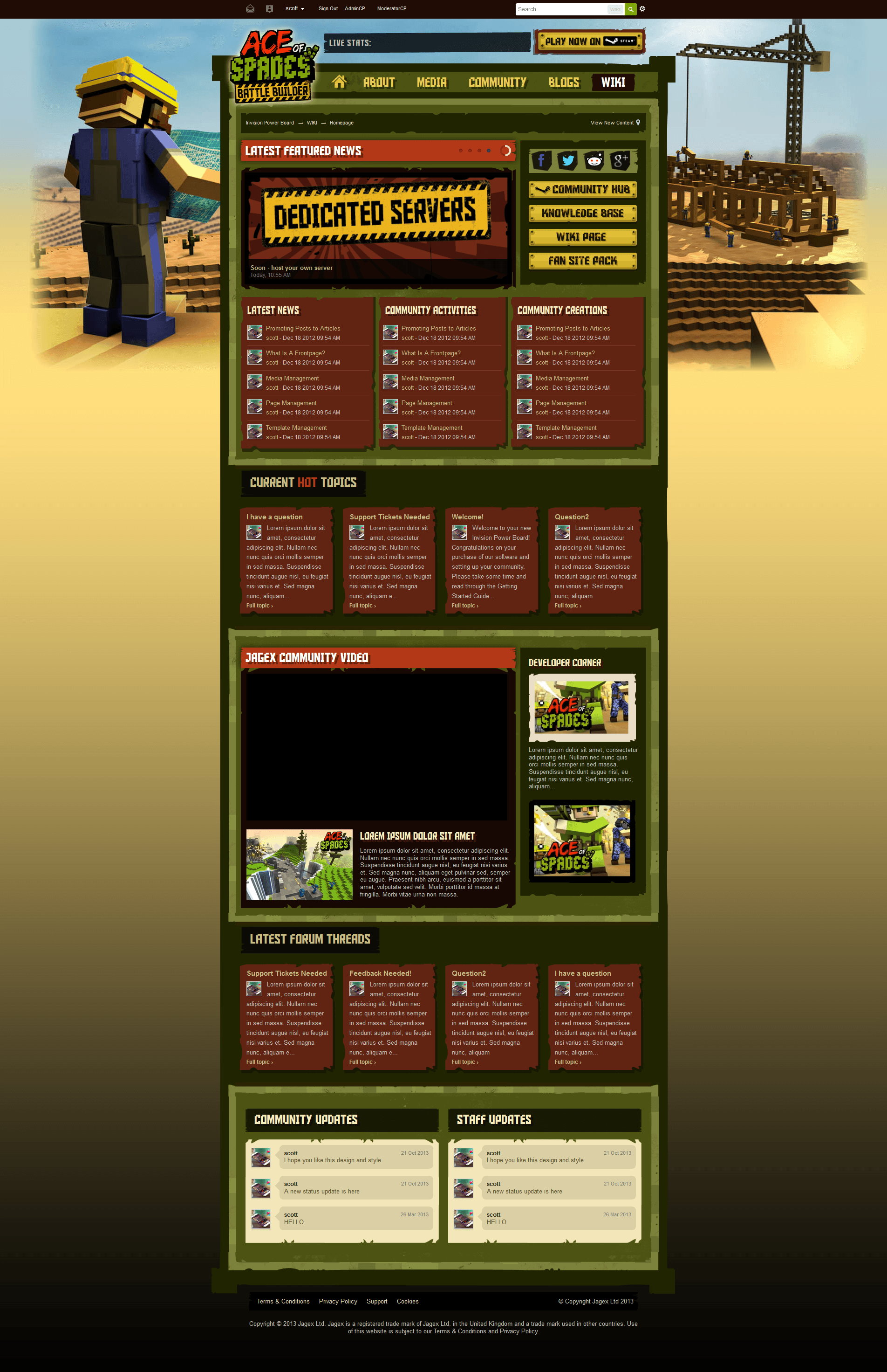 
      I had the pleasure to work with Jagex to turn their website design into a full live community platform, built on-top of IPB Community Software. <br /> <br />
      Ace of Spades was a popular game that heavily relied on a sense of community, sharing progress, buildings, designs and ideas. The community then served as a central place for everyone to go to, to post and connect with each other. <br /> <br />
      IPB was heavily extended to support the community features the website and forum needed.
    