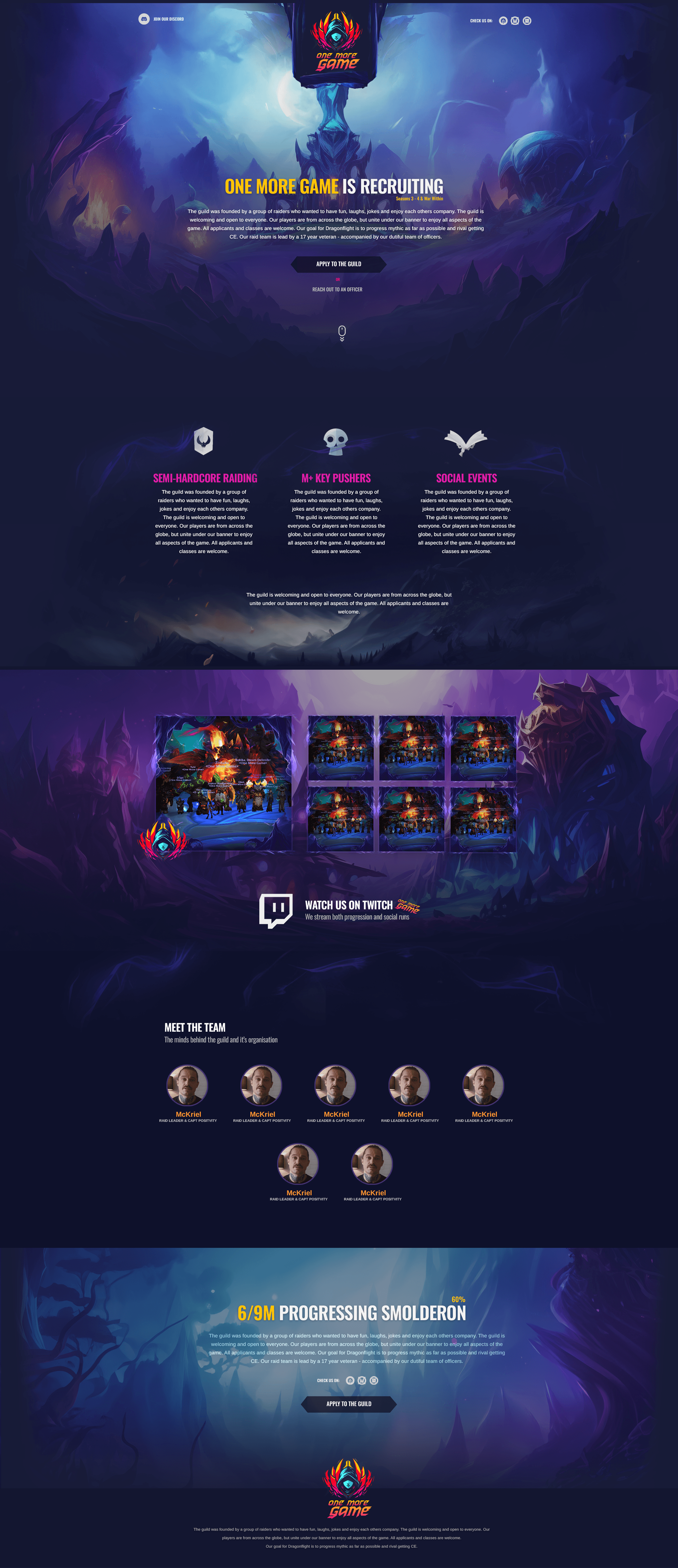 One more game is an e-sports team that i help to manage, through this team we aim to compete on a global stage in progressing through more and more difficult content. <br /> <br />
      One of my responsibilities is to help the team with the development of the website, as well as build tooling and analytics to allow the team improve.
    